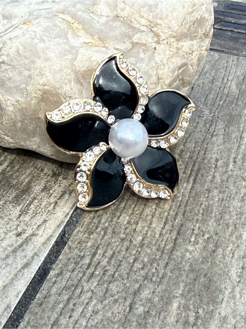 NWT Elegant Black Flower Brooch with Faux Pearl and Crystals